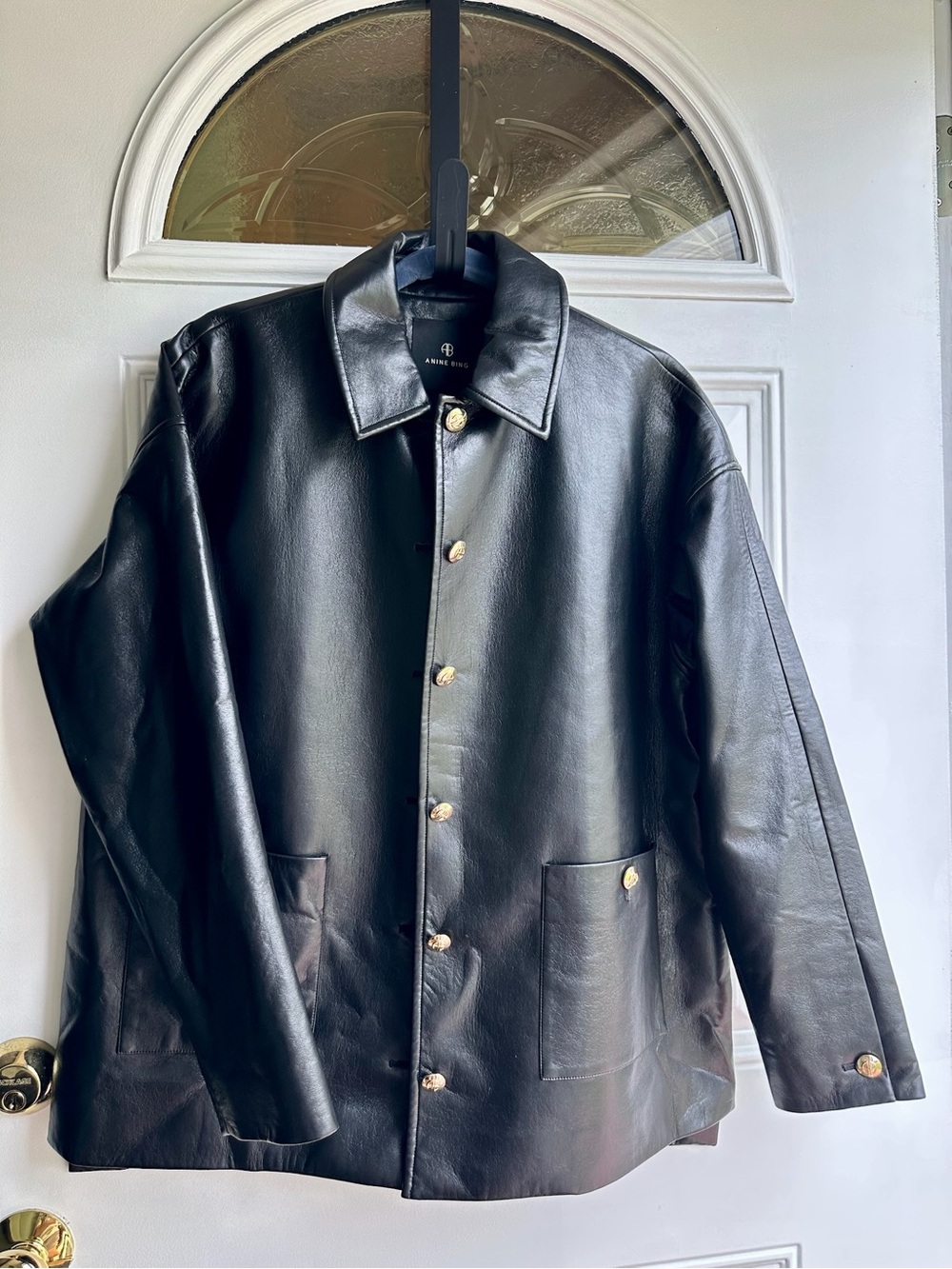 Anine Bing Luca Black Leather Button-Front Jacket with Gold Hardware - Picture 11 of 12
